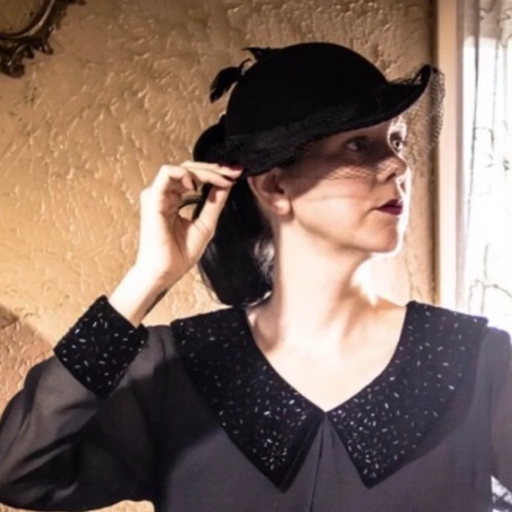 VTG Black Wool Victorian Hat Birdcage Dot Veil Bow - Picture 4 of 14